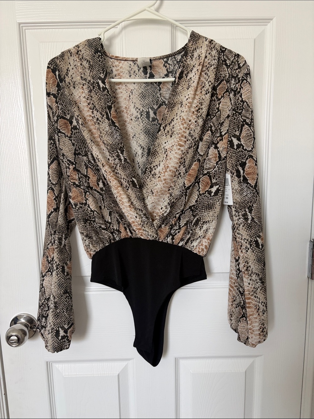 Windsor Snake Print Long-Sleeve Bodysuit in Black and Taupe